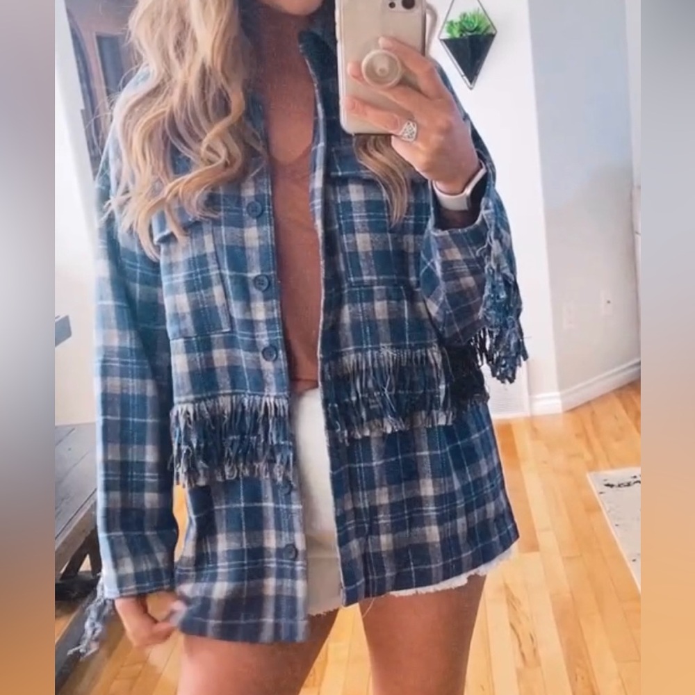 Fringe detail plaid shacket